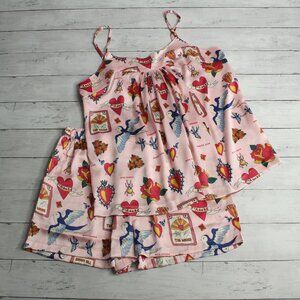 Their Nibs Women's Satin Shortie Pajama Set Size M Mon Coeur Love Birds Cami
